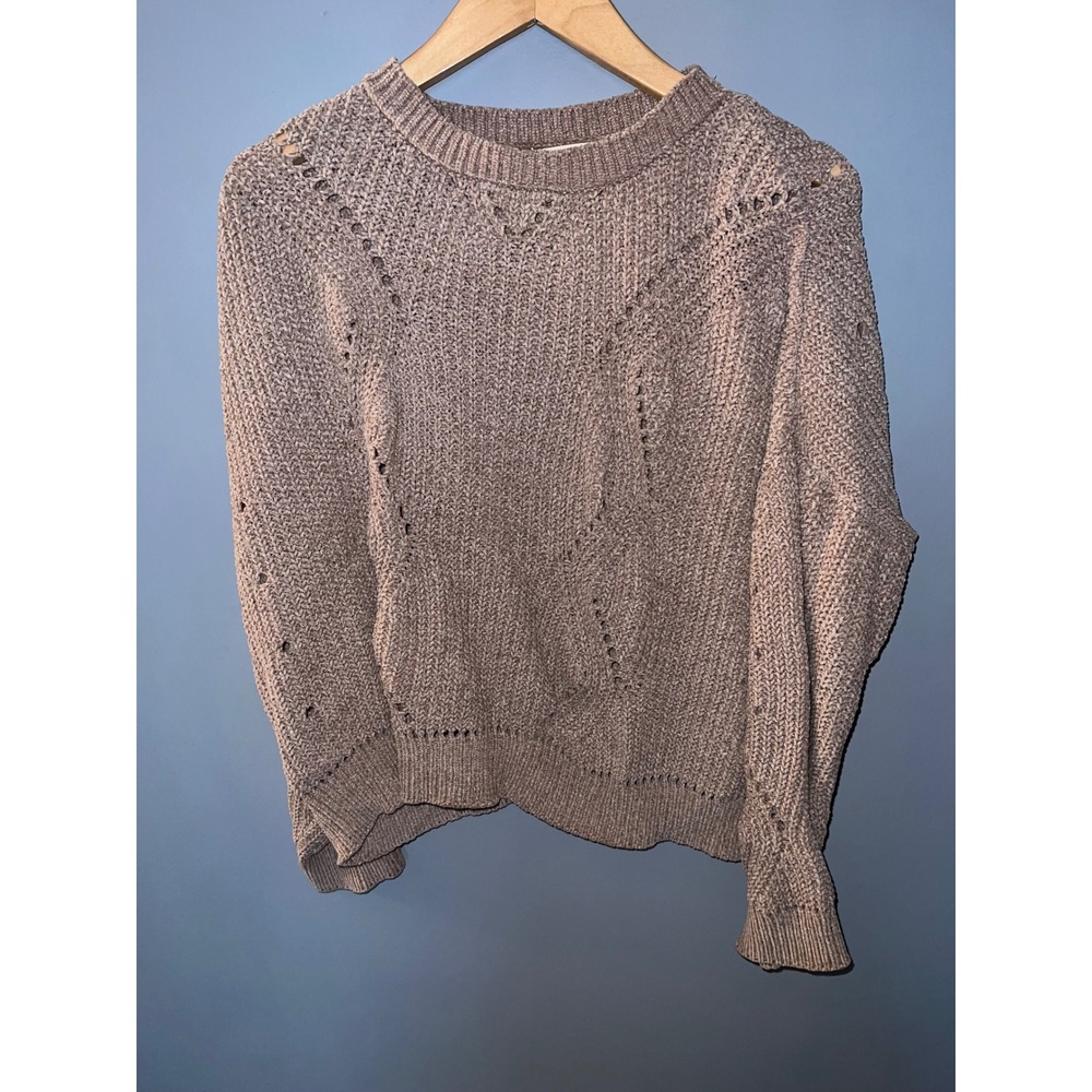 Altar'd State Mauve Taupe Pointelle Open Knit Chenille Crew Neck Sweater Small - Picture 1 of 4